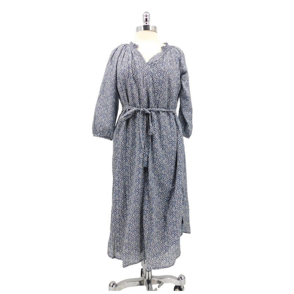 Trovata Birds of Paradise Blue Floral Print Midi Dress V Neck Tie Waist Size S